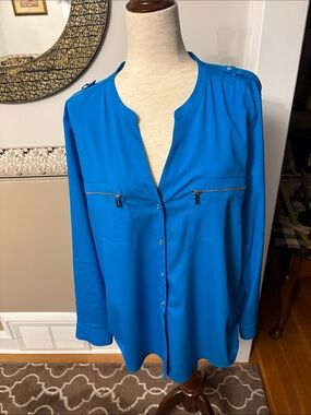 New Calvin Klein Women's Blue Button-Front Blouse with Zip Chest Pockets XL